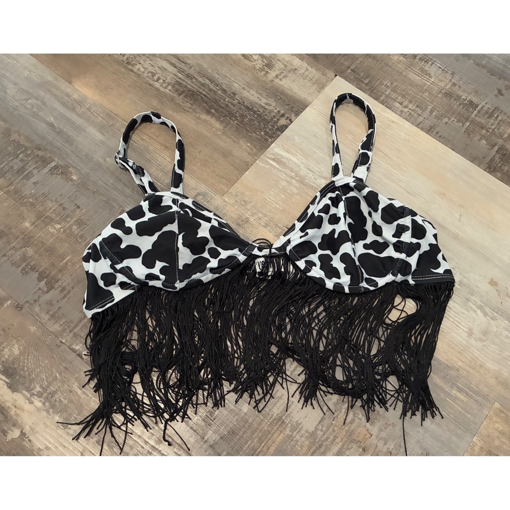 Forplay Cow Print Fringe Bralette Top Festival Rave Party